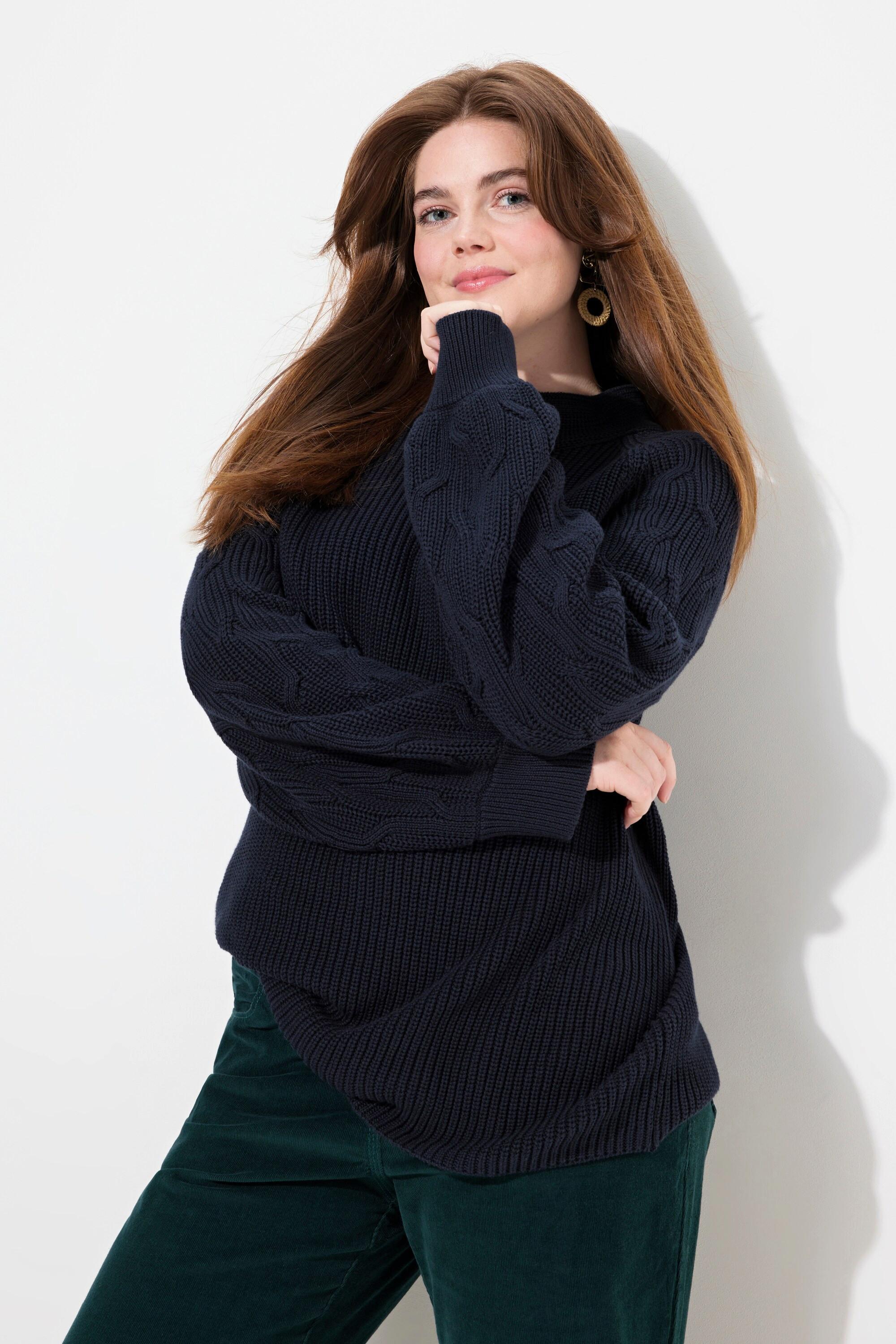 Ulla Popken  Pullover, Zopfmuster, Stehkragen, Langarm, Biobaumwolle 