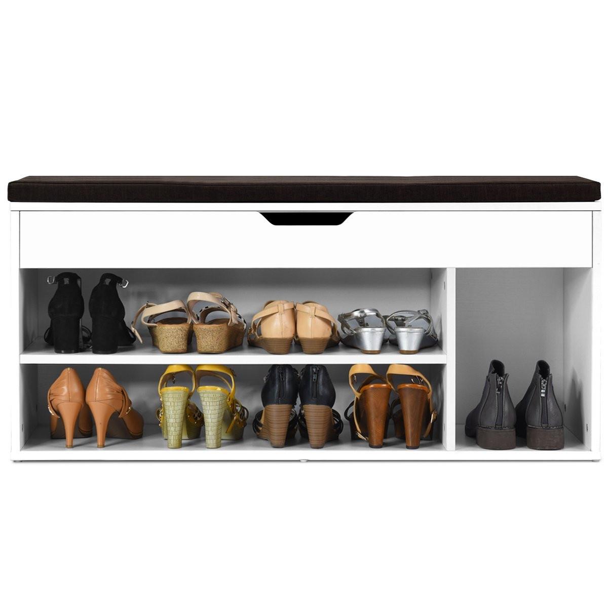 Northix Schuhbank Schuhkommode Schuhablage mit Sitzkissen Holz 104 x 48 x 30 cm Weiß/Natur-Weiß  