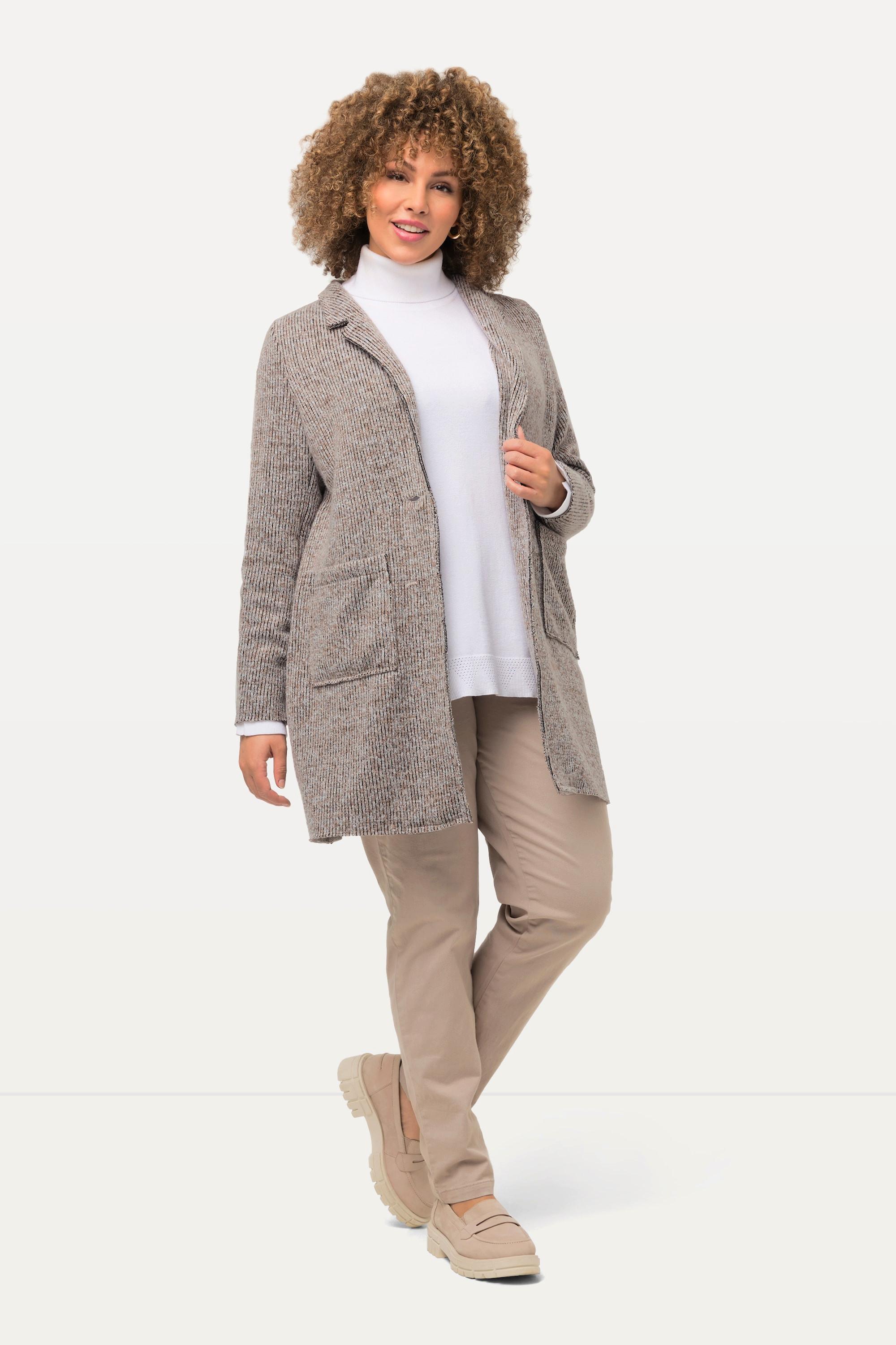 Ulla Popken  Strickjacke, melierter Strukturstrick, A-Linie, Revers 