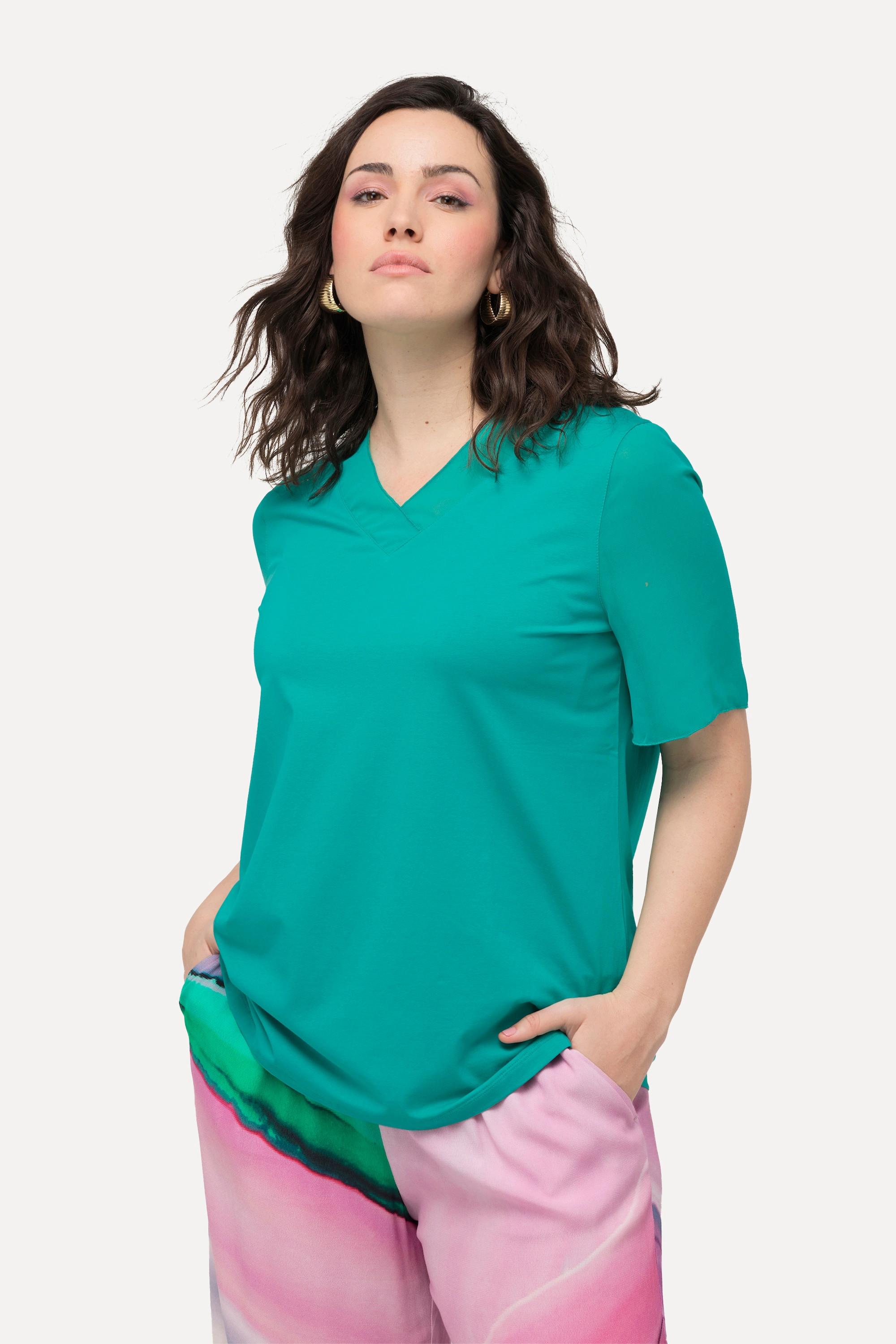 Ulla Popken  T-Shirt, Chiffon-Blende, V-Ausschnitt, Chiffon-Halbarm 