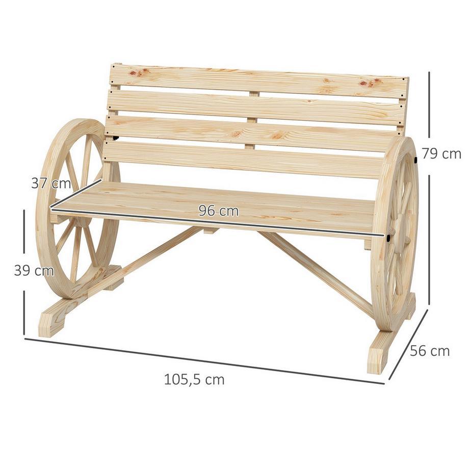 Northio Banc De Jardin Banc De Parc 2 Places En Bois Au Design Roue De Chariot, Banc Avec Accoudoirs Style Maison De Campagne, Charge Jusqu'À 240 Kg, Bois De Sapin Naturel  