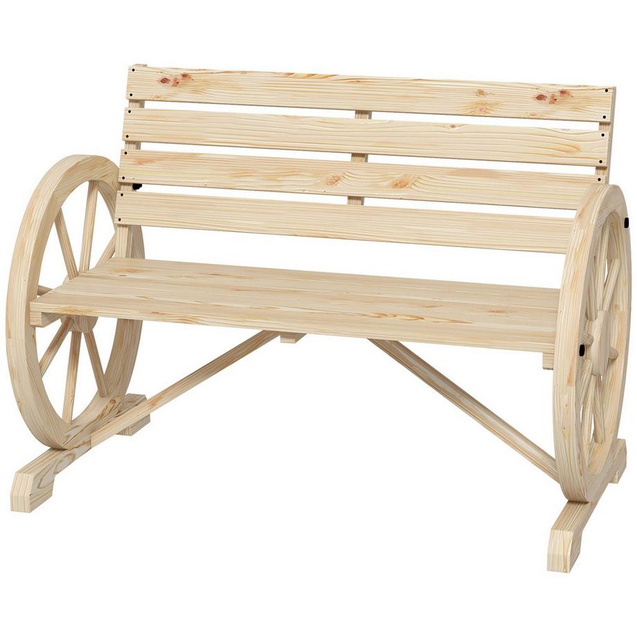 Banc De Jardin Banc De Parc 2 Places En Bois Au Design Roue De Chariot, Banc Avec Accoudoirs Style Maison De Campagne, Charge Jusqu'À 240 Kg, Bois De Sapin Naturel