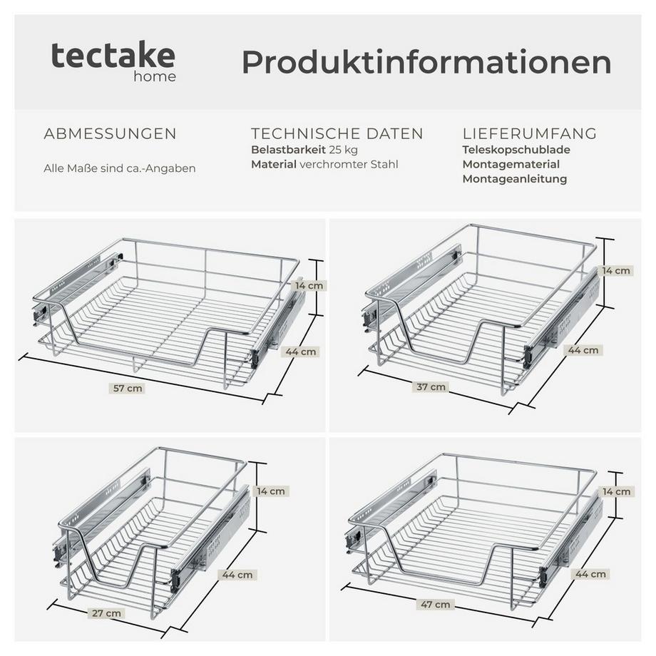 Tectake Teleskopschublade  verchromt leichtgängig, mit Vollauszug  