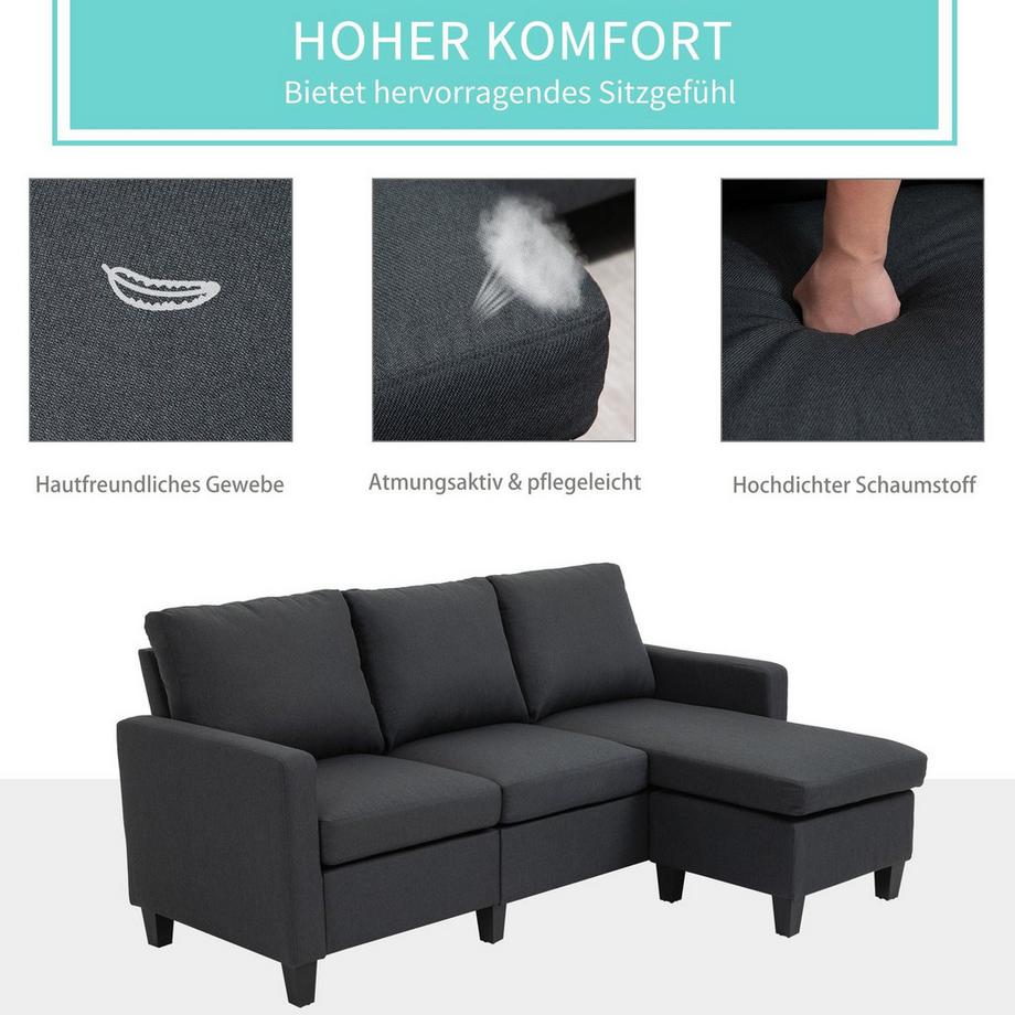 Northio Ecksofa Stoffsofa Eckcouch, Couchgarnitur Mit Wendbarer Chaiselongue, L-Form, Leinen, Dunkelgrau, 197X139X91Cm  