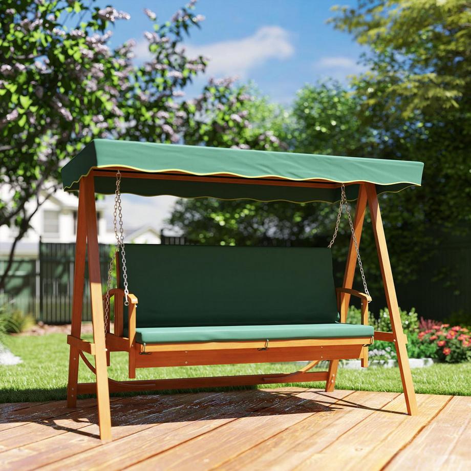 Northio 2 in 1 Hollywoodschaukel mit Liegefunktion, 3-Sitzer Gartenschaukel aus Holz, Holzschaukel mit Sonnendach Sitzauflage, Schaukelbank bis 330kg, für Garten, Terrasse, 236x130x181 cm, Dunkelgrün |  