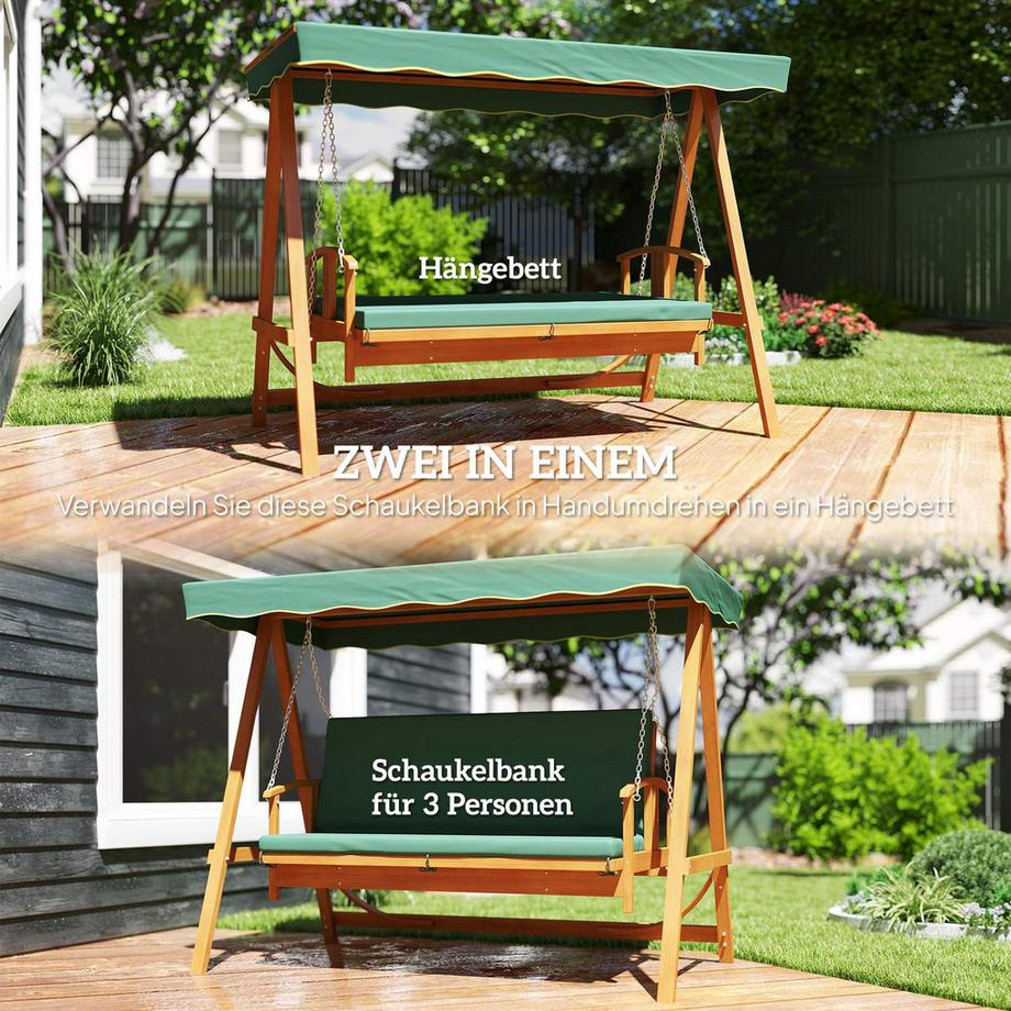 Northio 2 in 1 Hollywoodschaukel mit Liegefunktion, 3-Sitzer Gartenschaukel aus Holz, Holzschaukel mit Sonnendach Sitzauflage, Schaukelbank bis 330kg, für Garten, Terrasse, 236x130x181 cm, Dunkelgrün |  