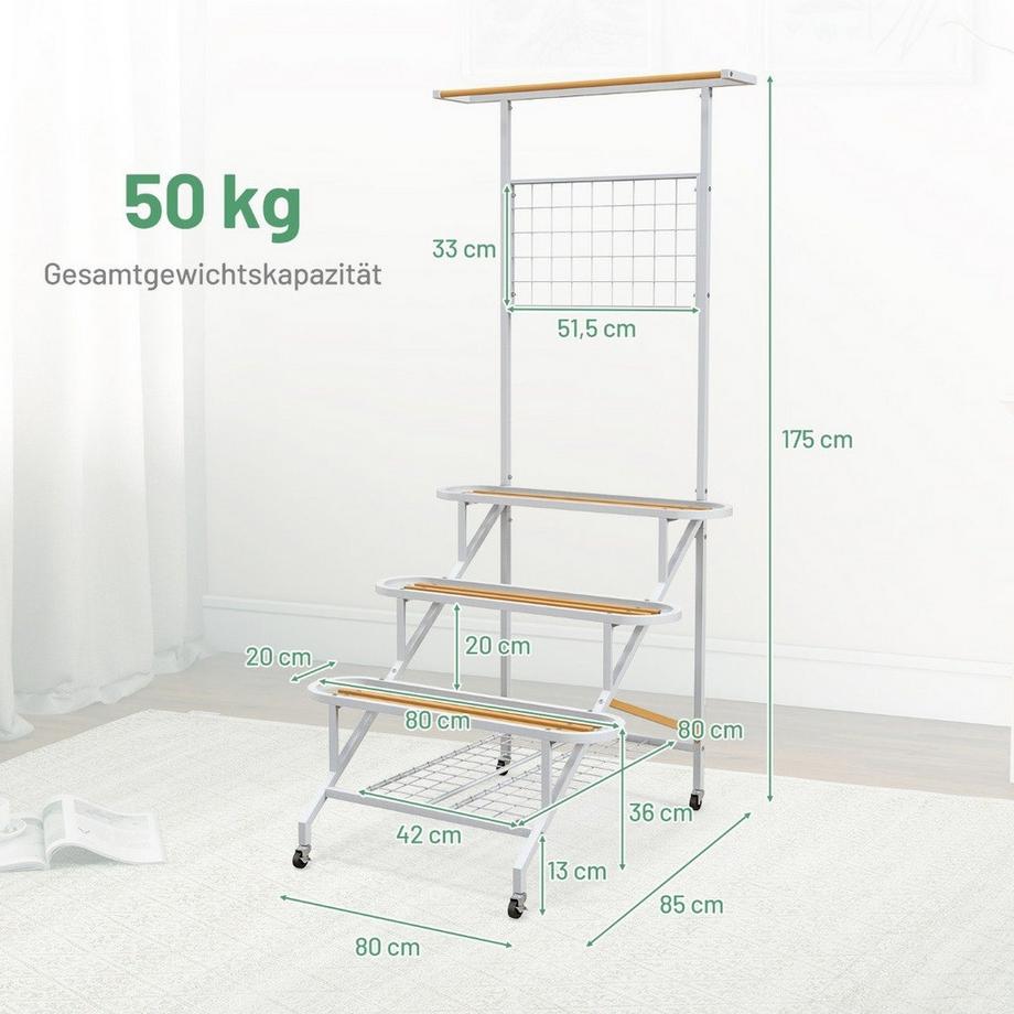 Northio Pflanzenständer mit Rankgitter Metall Blumentreppe auf Rollen Mehrzweckregal 80 x 85 x 175 cm Weiß  