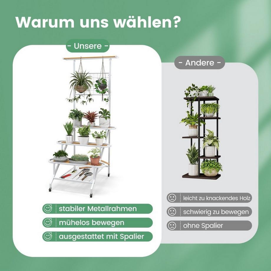 Northio Pflanzenständer mit Rankgitter Metall Blumentreppe auf Rollen Mehrzweckregal 80 x 85 x 175 cm Weiß  