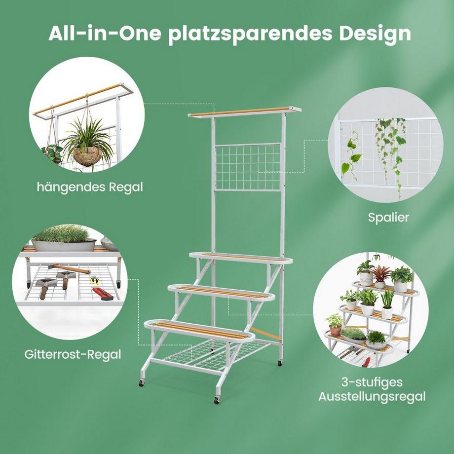 Northio Pflanzenständer mit Rankgitter Metall Blumentreppe auf Rollen Mehrzweckregal 80 x 85 x 175 cm Weiß  