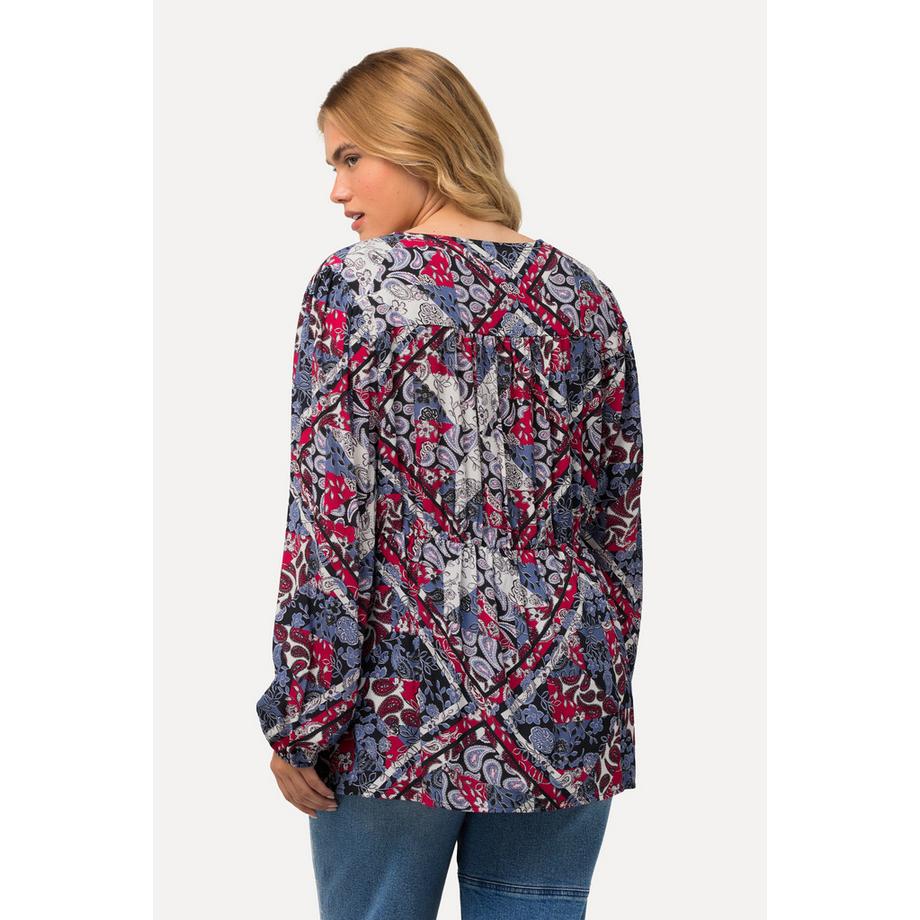 Ulla Popken Patchmuster Schößchen V-Ausschnitt Langarm Bluse  