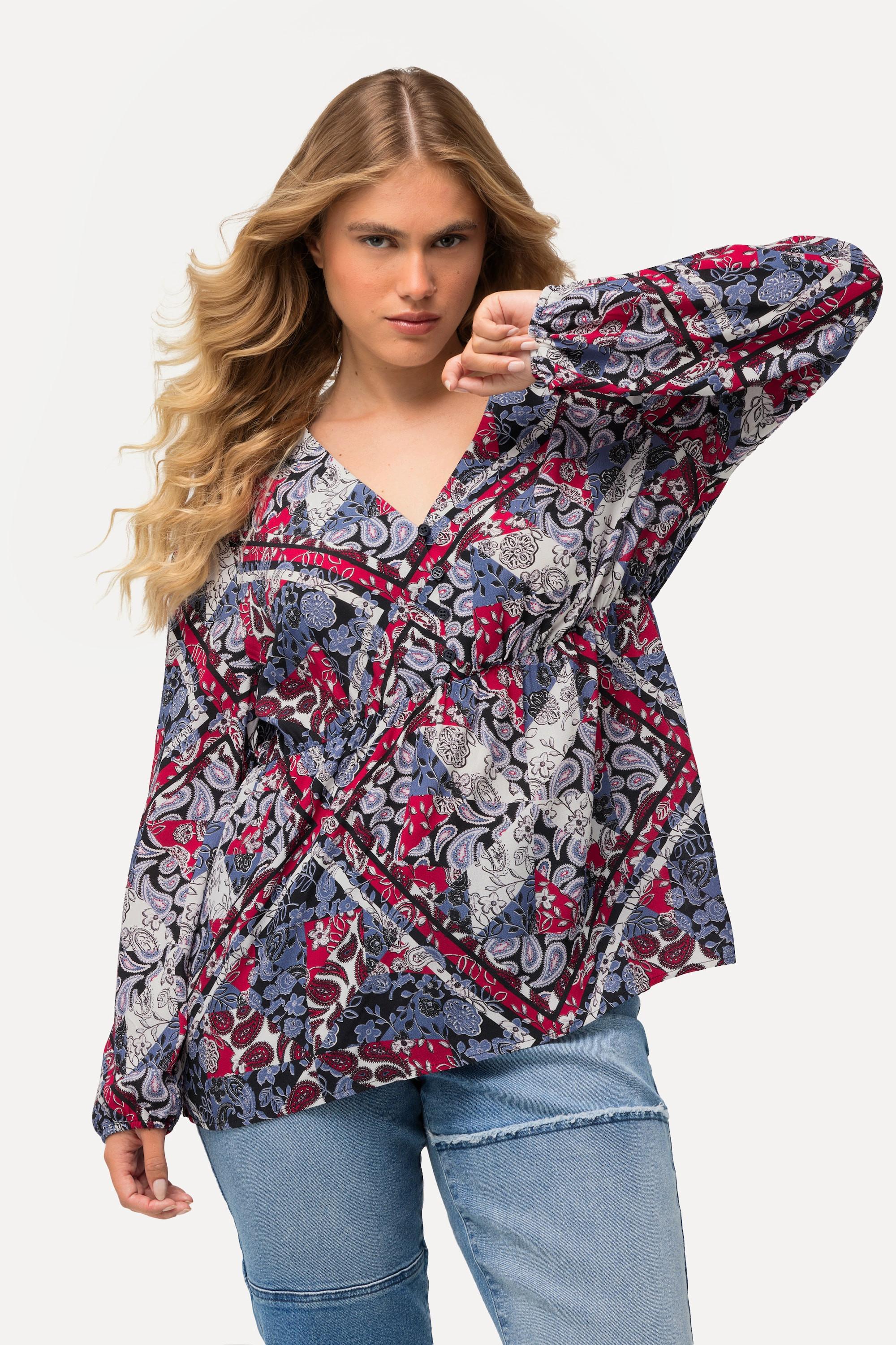 Ulla Popken  Blusa con effetto patchwork, balza, scollo a V e maniche lunghe 