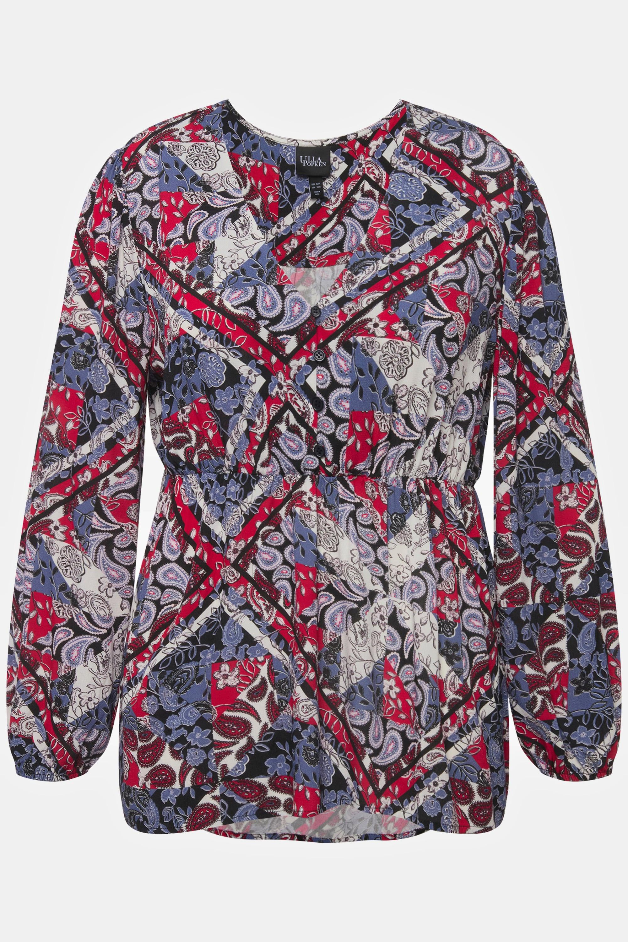 Ulla Popken  Blusa con effetto patchwork, balza, scollo a V e maniche lunghe 