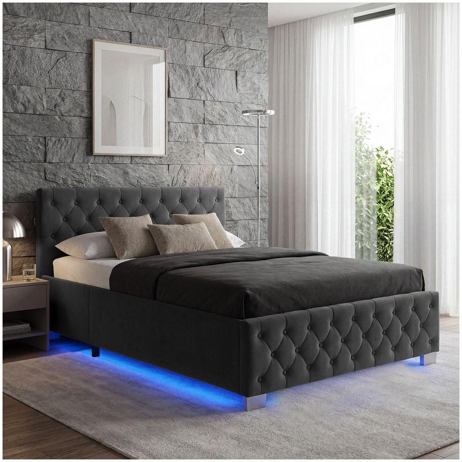 Lit avec matelas  lit rembourré aspect velours avec motif matelassé pour chambre à coucher