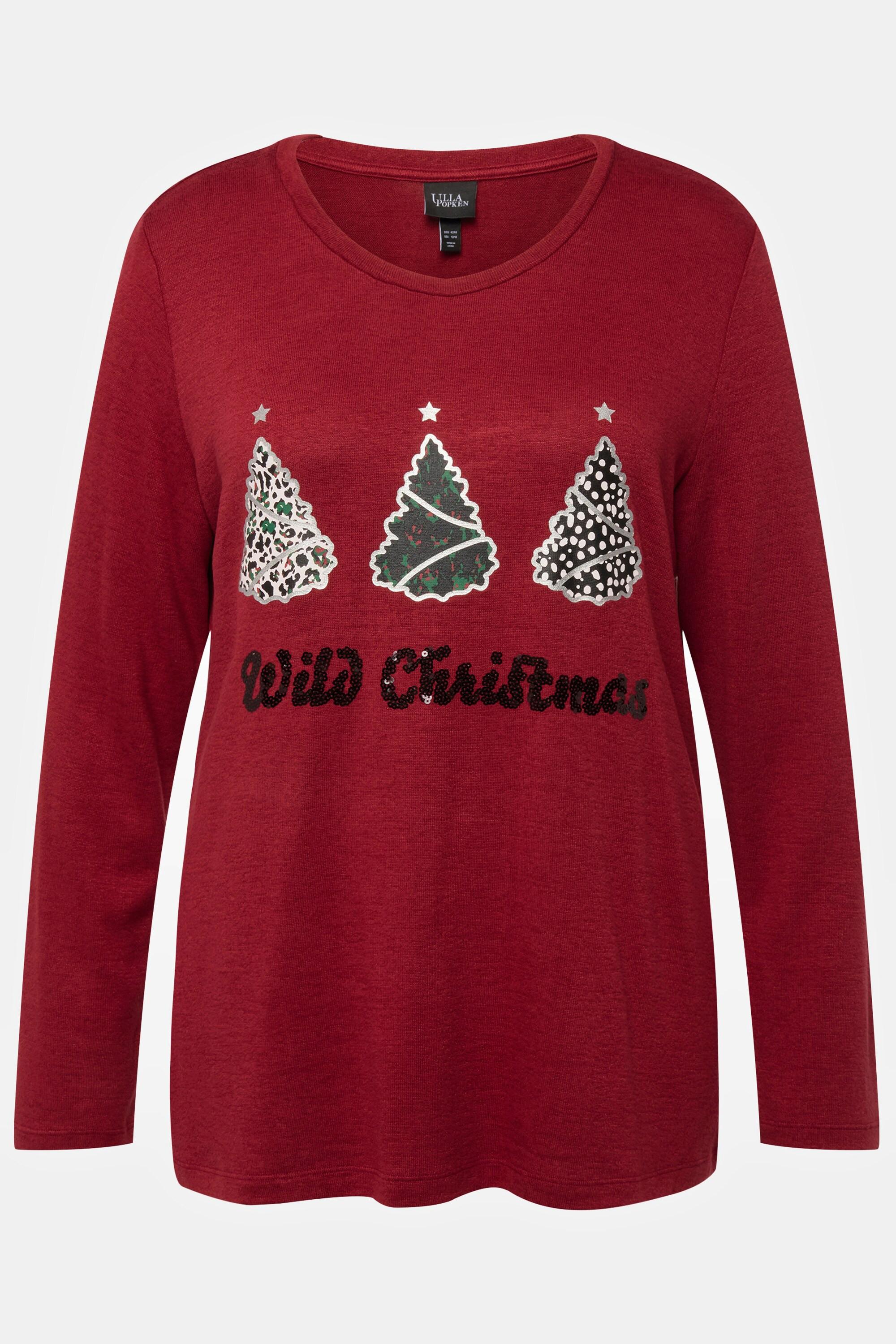 Ulla Popken  Sweat-shirt à col rond et manches longues, paillettes et imprimé Wild Christmas 