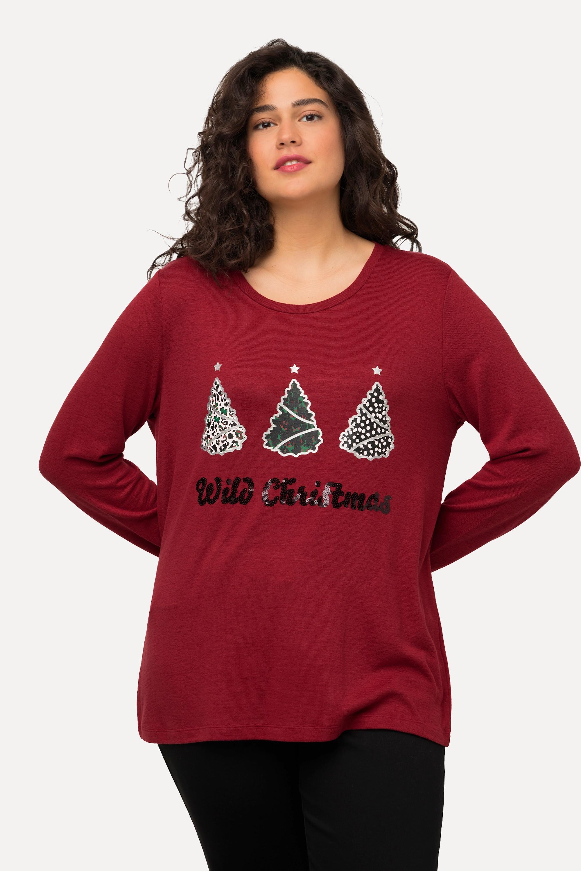 Ulla Popken  Sweat-shirt à col rond et manches longues, paillettes et imprimé Wild Christmas 