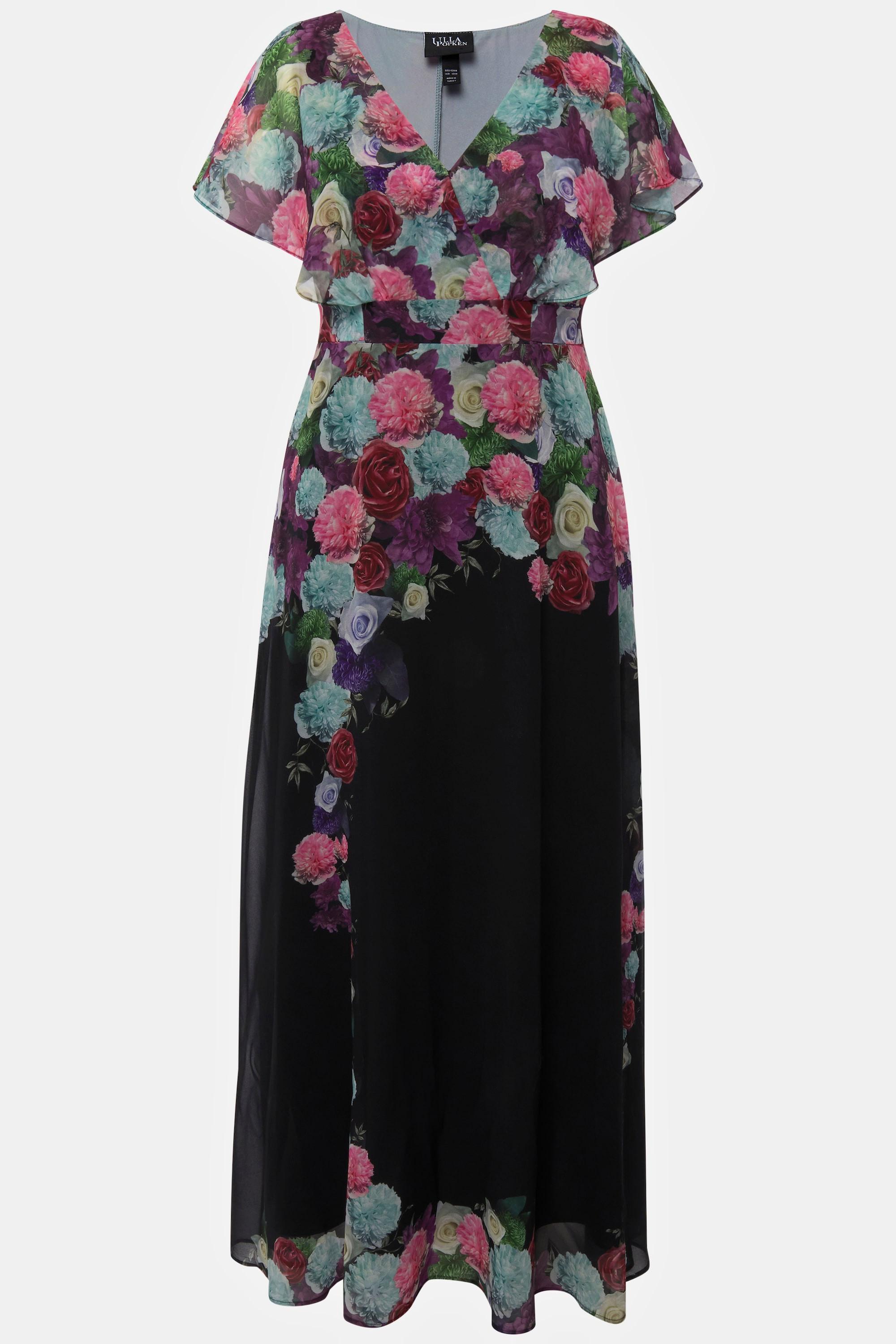 Ulla Popken  Maxi abito di chiffon con fiori, scollo a V e mezze maniche 