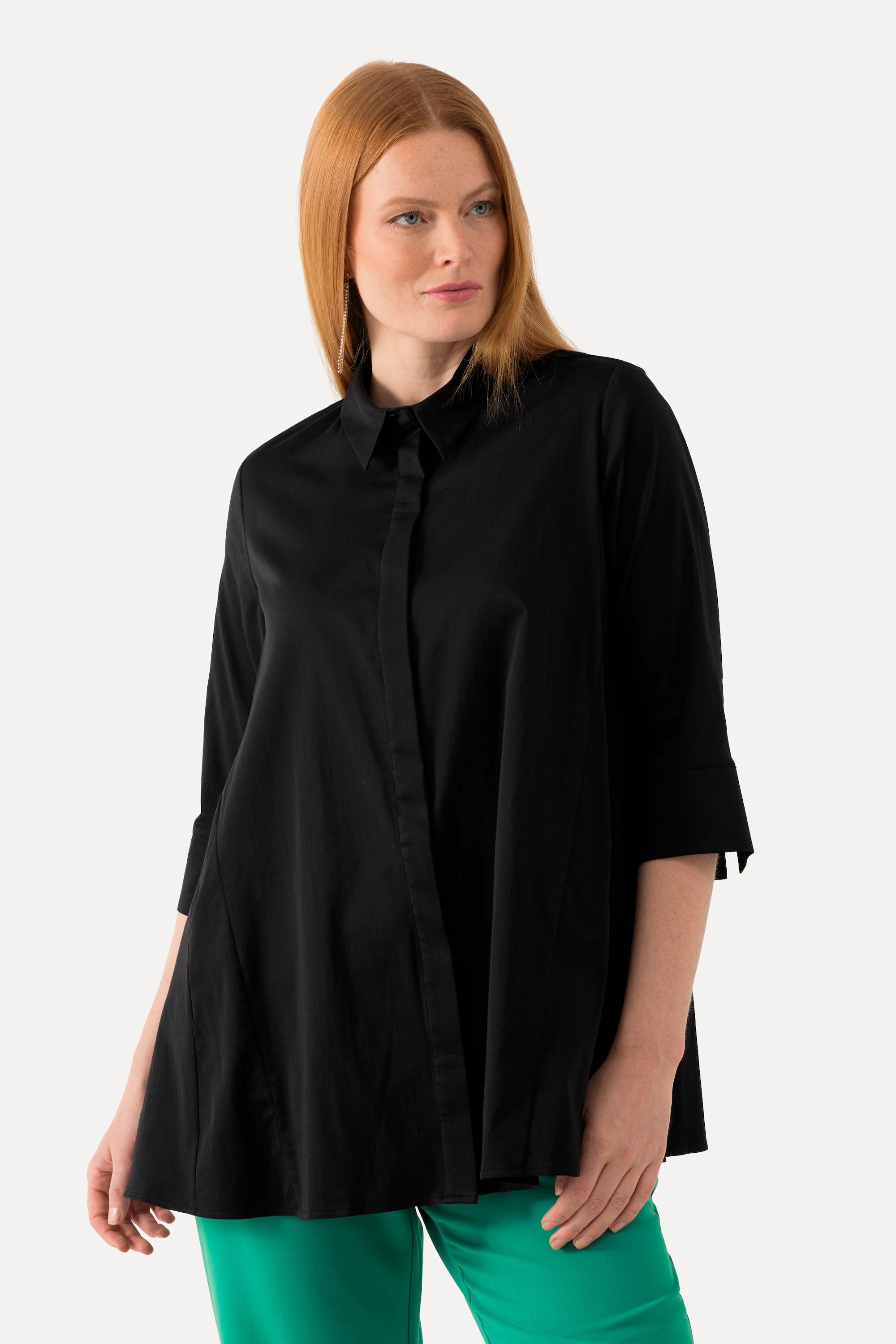 Ulla Popken  Bluse, Godeteinsätze, A-Linie, Hemdkragen, 3/4-Arm 