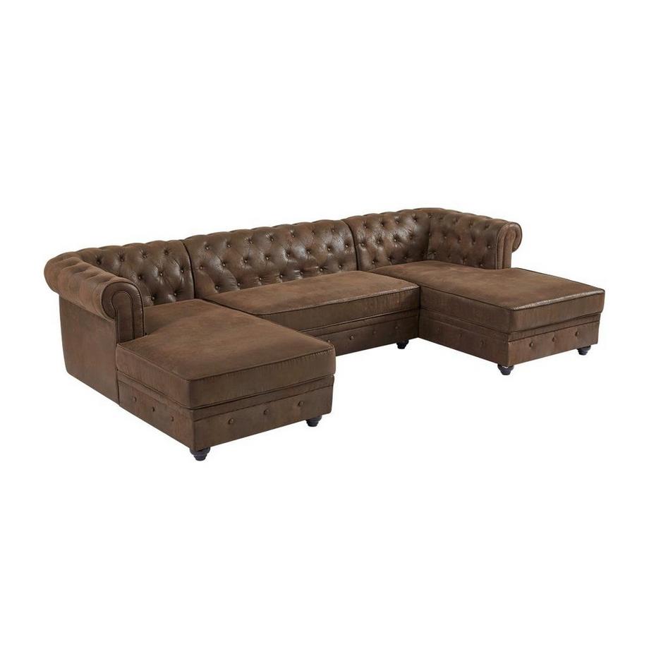 Vente-unique Canapé d'angle panoramique en microfibre aspect cuir vieilli CHESTERFIELD  