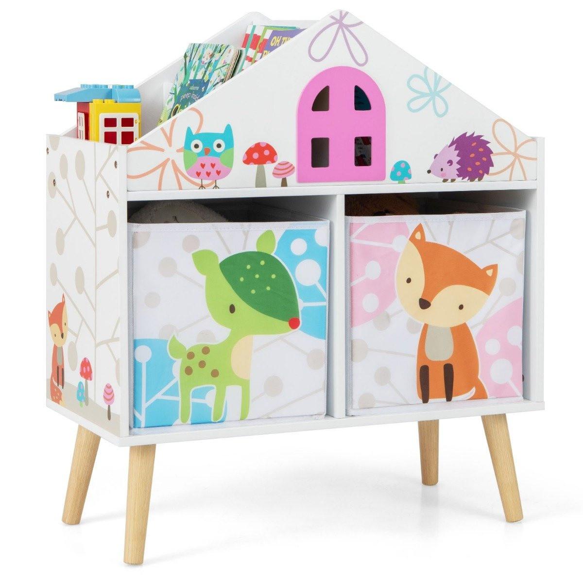 Northix Kinderhausförmiges Bücherregal Holzpuppenhaus-Bücherregal mit 2 Aufbewahrungsboxen Bunt 62 x 30 x 72 cm  