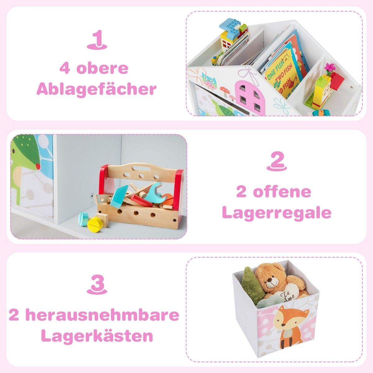 Northix Kinderhausförmiges Bücherregal Holzpuppenhaus-Bücherregal mit 2 Aufbewahrungsboxen Bunt 62 x 30 x 72 cm  