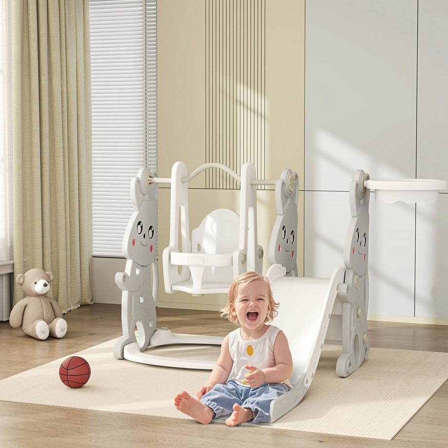 Northio  Rutsche 4-in-1 Kinderrutsche mit Schaukel, Klettergerüst, Basketballkorb, Kinder Spielplatz mit Hasendesign Kleinkinderrutsche für Indoor und Outdoor Kinder von 1,5-4 Jahren Grau Aosom 