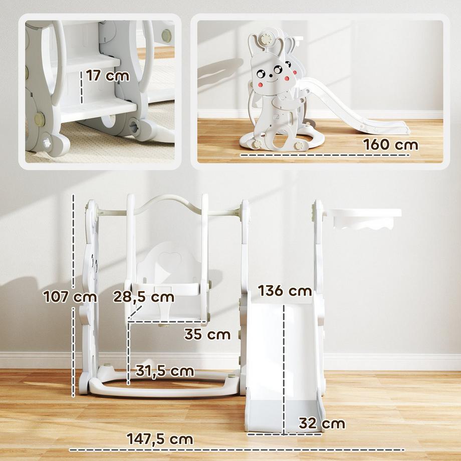 Northio  Rutsche 4-in-1 Kinderrutsche mit Schaukel, Klettergerüst, Basketballkorb, Kinder Spielplatz mit Hasendesign Kleinkinderrutsche für Indoor und Outdoor Kinder von 1,5-4 Jahren Grau Aosom 