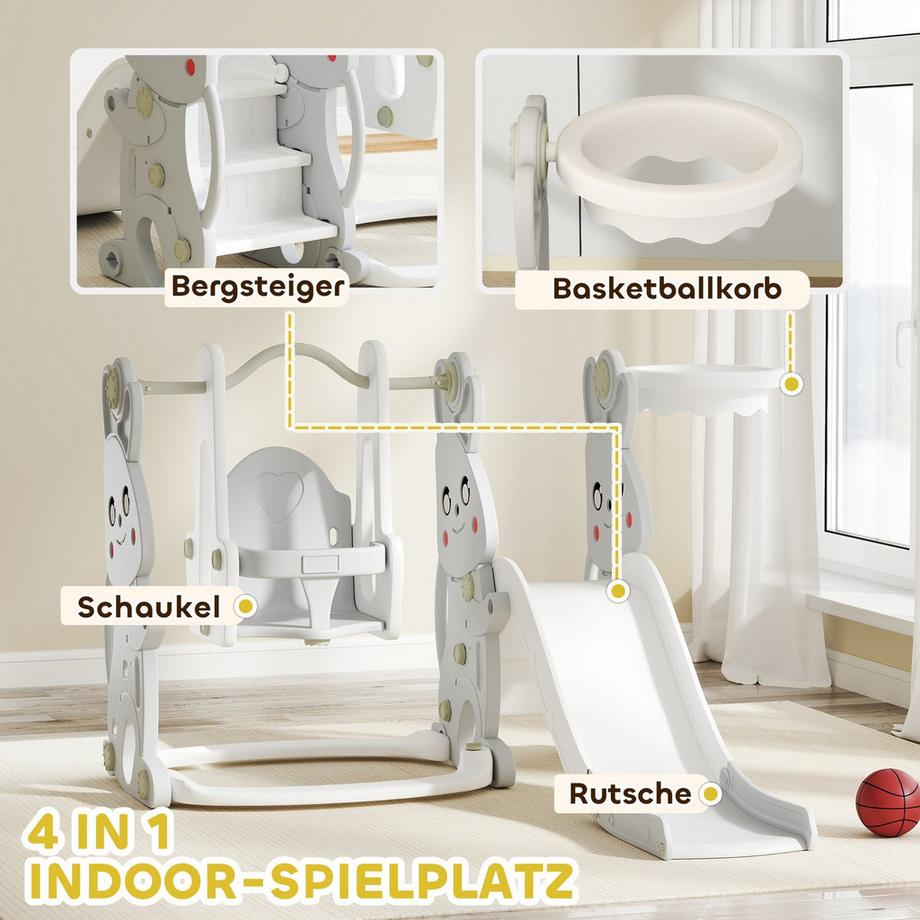 Northio  Rutsche 4-in-1 Kinderrutsche mit Schaukel, Klettergerüst, Basketballkorb, Kinder Spielplatz mit Hasendesign Kleinkinderrutsche für Indoor und Outdoor Kinder von 1,5-4 Jahren Grau Aosom 