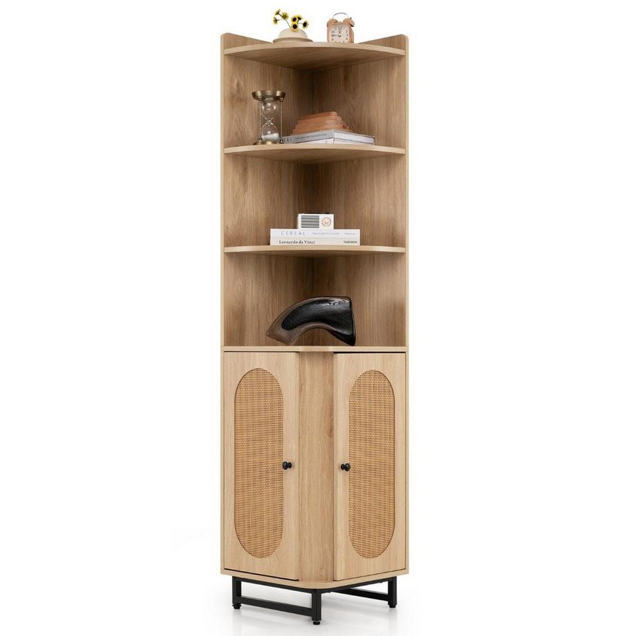Northix Libreria angolare in rattan PE, mobile alto 172 cm con 2 ante e 4 ripiani aperti colore naturale  