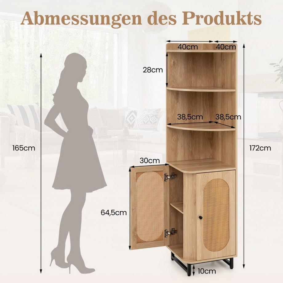 Northix Libreria angolare in rattan PE, mobile alto 172 cm con 2 ante e 4 ripiani aperti colore naturale  