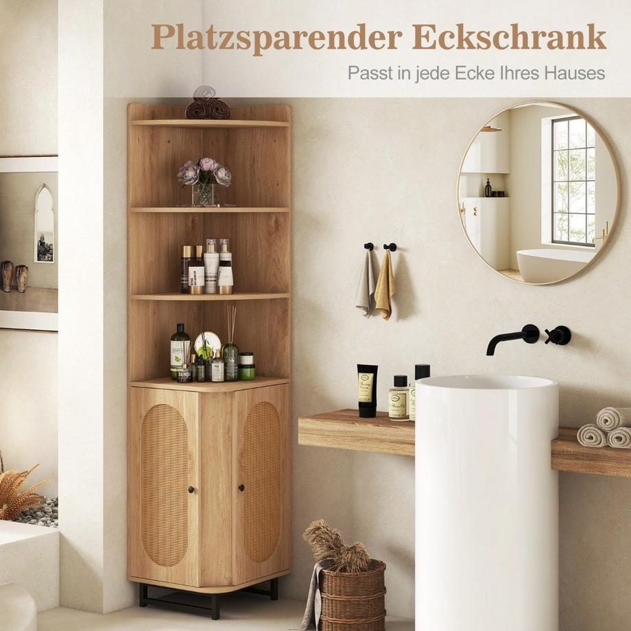 Northix Libreria angolare in rattan PE, mobile alto 172 cm con 2 ante e 4 ripiani aperti colore naturale  