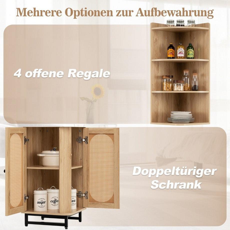 Northix Libreria angolare in rattan PE, mobile alto 172 cm con 2 ante e 4 ripiani aperti colore naturale  