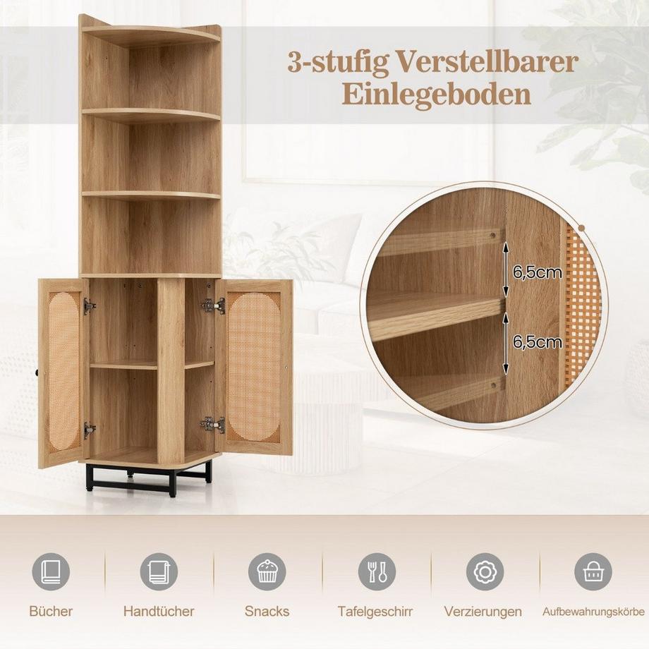 Libreria angolare in rattan PE, mobile alto 172 cm con 2 ante e 4 ripiani aperti colore naturale