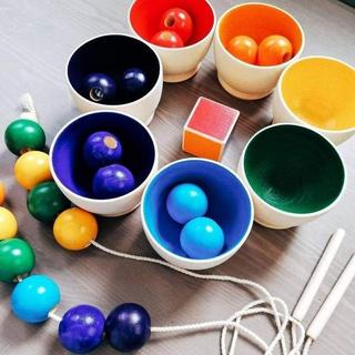 Montessori  Kinderspielzeug, Holzperlen zum Schnüren, Montessori-Spielzeug, Regenbogen 