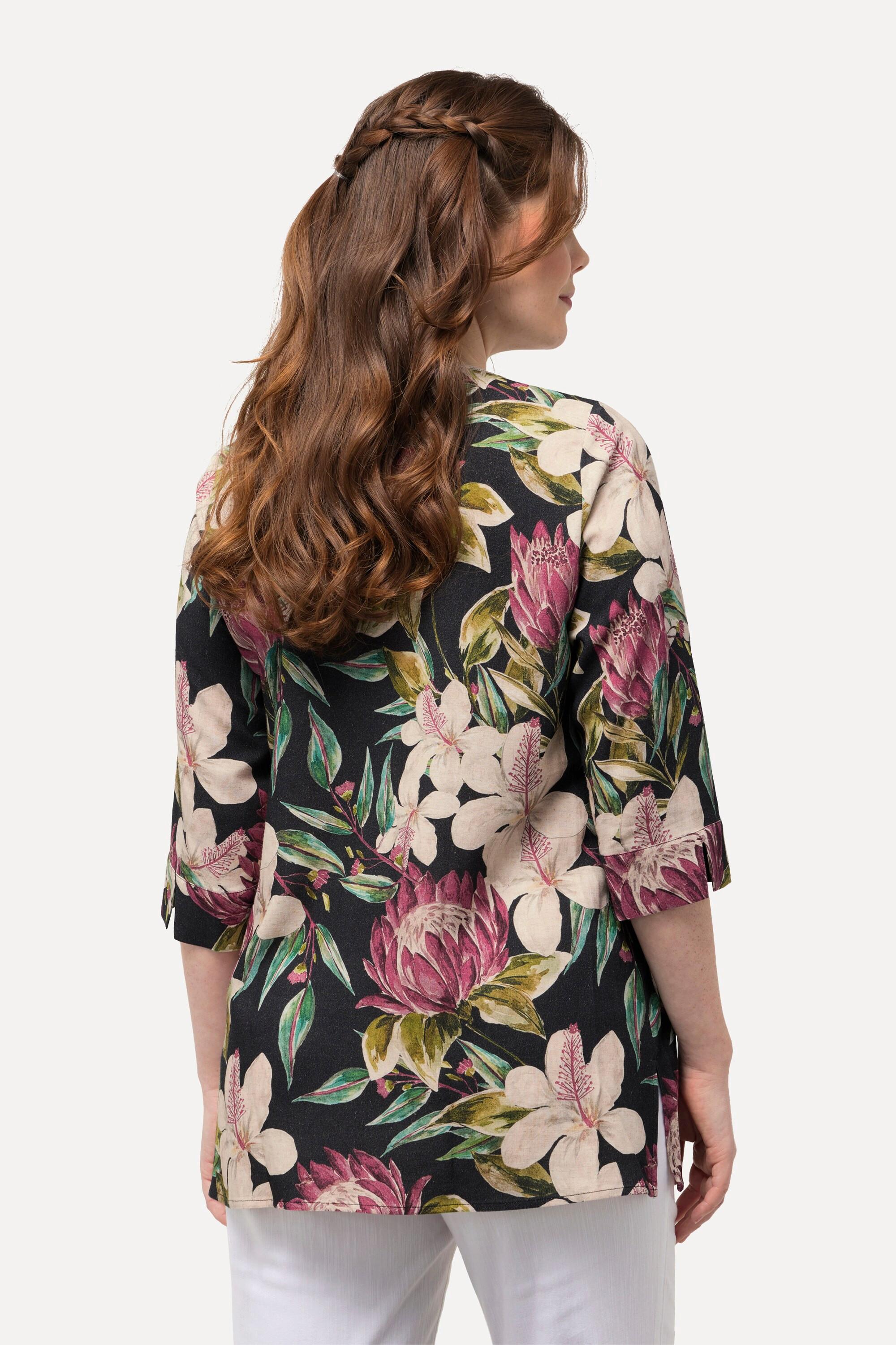 Ulla Popken  Bluse, Blüten, A-Linie, Tunika-Ausschnitt, 3/4-Arm 