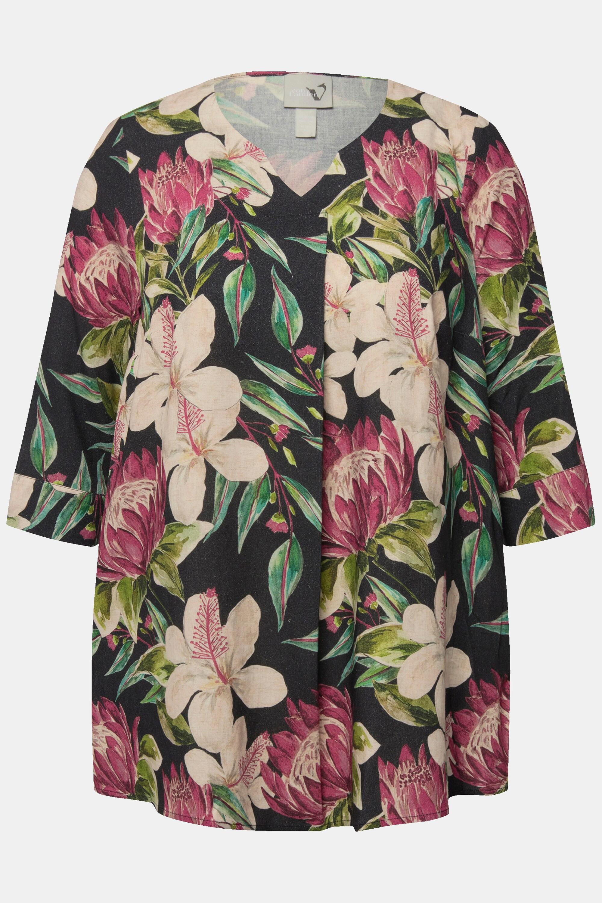 Ulla Popken  Blusa dal taglio svasato con fiori, scollo a tunica e maniche a 3/4 