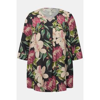 Ulla Popken  Blusa dal taglio svasato con fiori, scollo a tunica e maniche a 3/4 