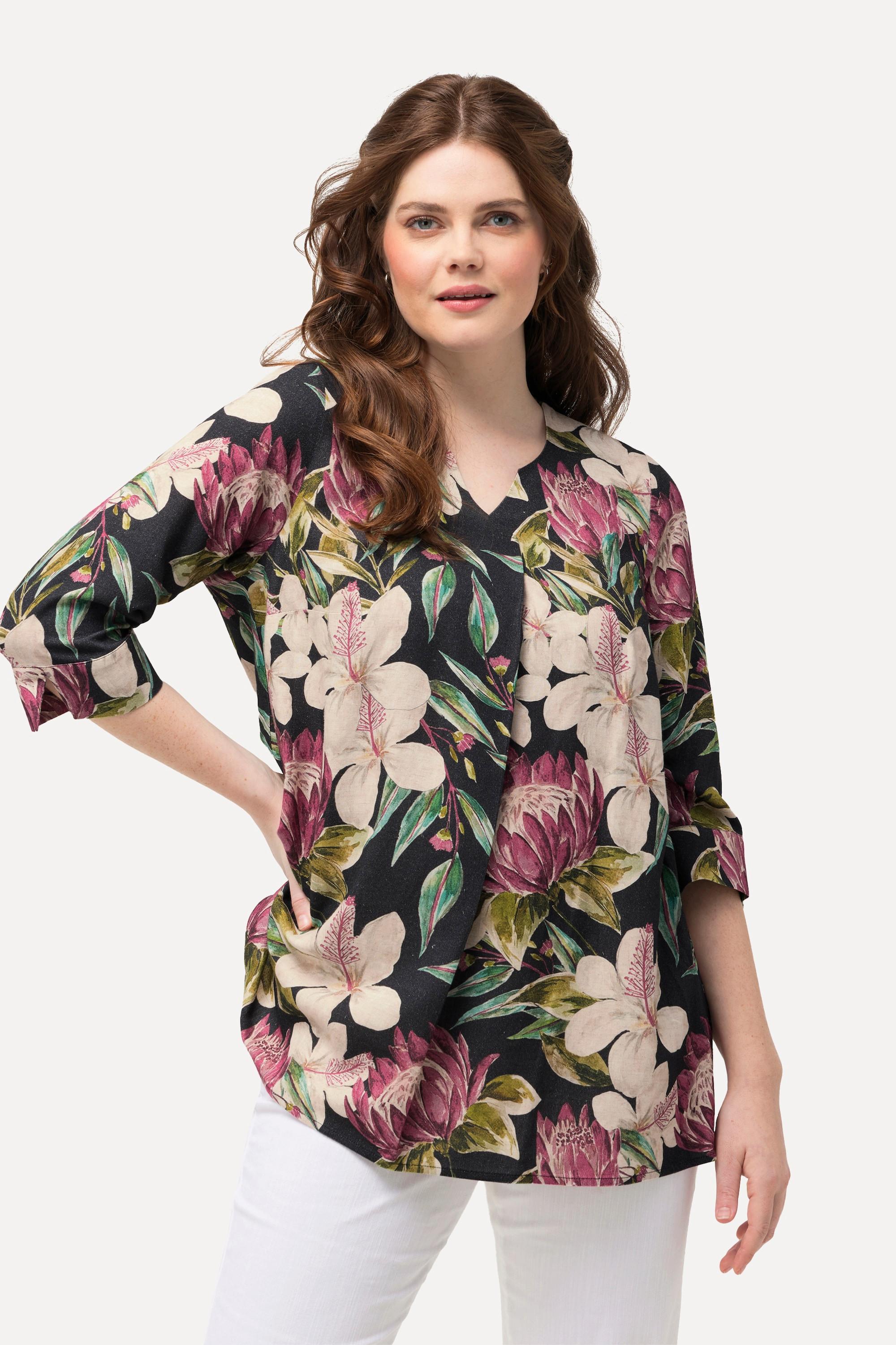 Ulla Popken  Blusa dal taglio svasato con fiori, scollo a tunica e maniche a 3/4 