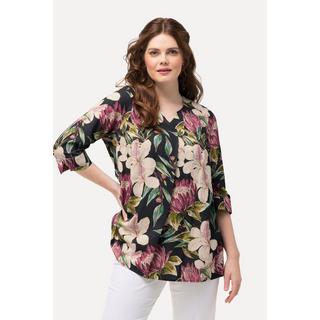 Ulla Popken  Bluse, Blüten, A-Linie, Tunika-Ausschnitt, 3/4-Arm 