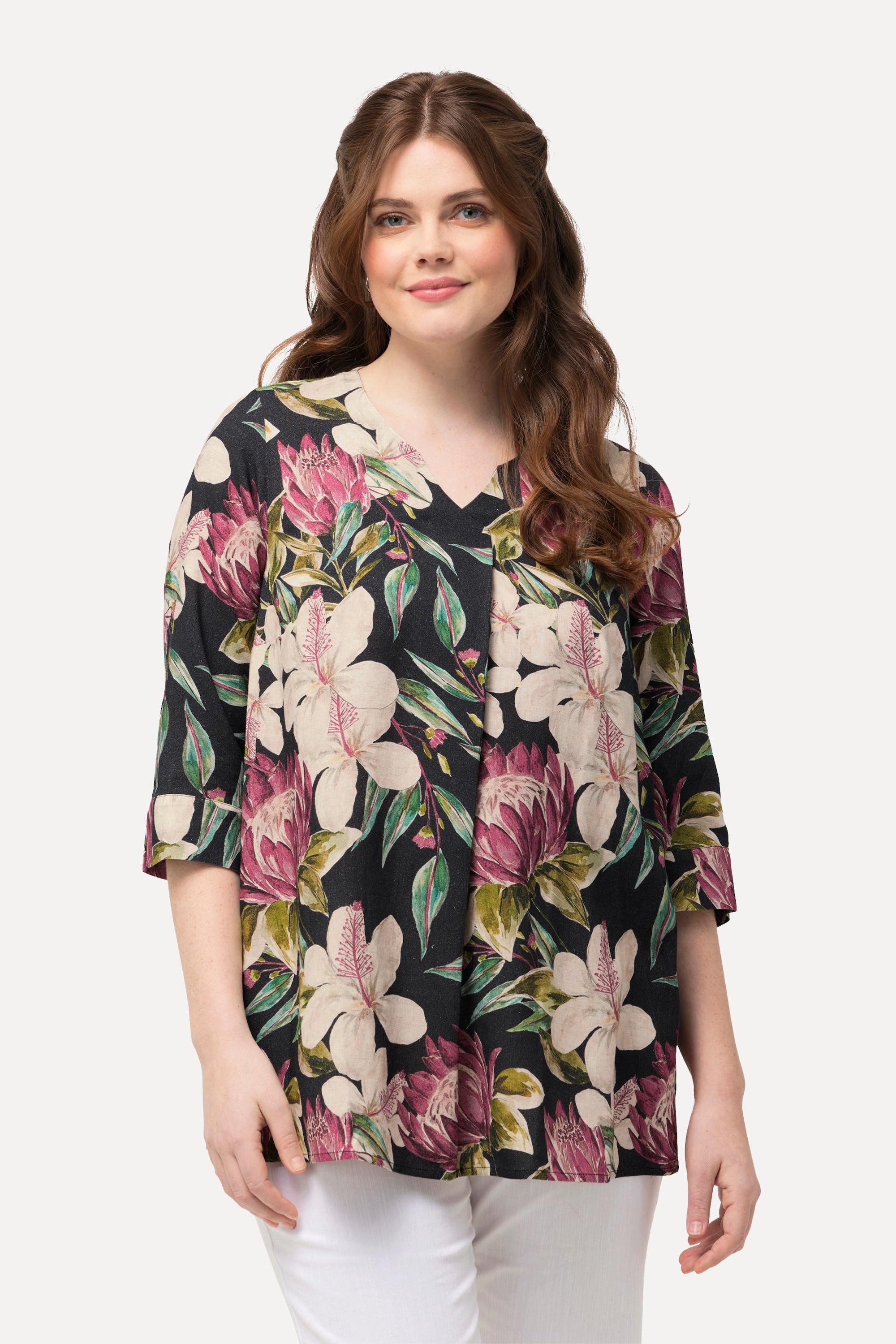 Ulla Popken  Bluse, Blüten, A-Linie, Tunika-Ausschnitt, 3/4-Arm 