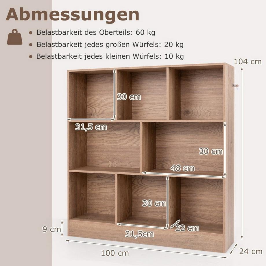 Northix Bücherregal mit 8 Fächern Standregal mit 3 Ebenen Würfelregal Büroregal Aufbewahrungregal 100 x 24 x 104 cm Natur  