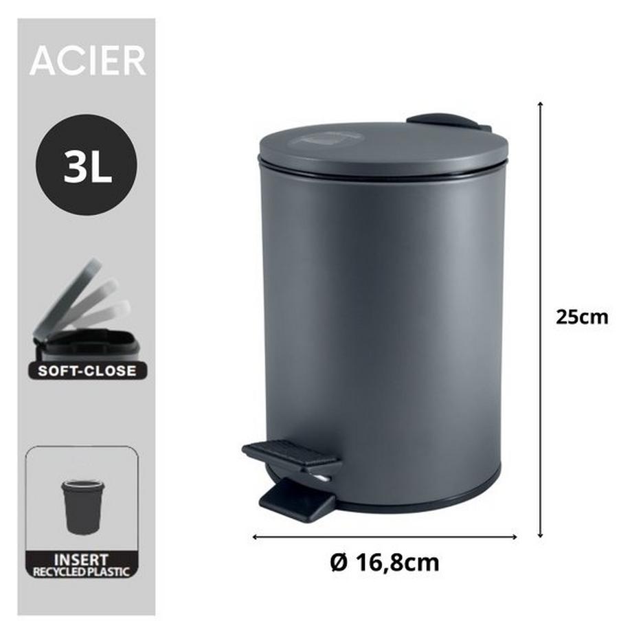 spirella Poubelle à pédale Acier ADELAR 3L Gris Mat  