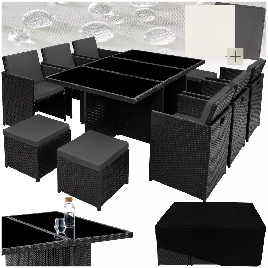 tectake® Aluminium Rattan Sitzgruppe, wetterfest und UV-beständig, für 6 bis 10 Personen, zusammenschiebbar, inklusive Schutzhülle