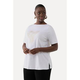 Ulla Popken  T-shirt en coton Pima. Encolure bateau et manches 3/4. Motif fougère 