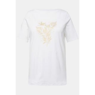 Ulla Popken  T-shirt en coton Pima. Encolure bateau et manches 3/4. Motif fougère 