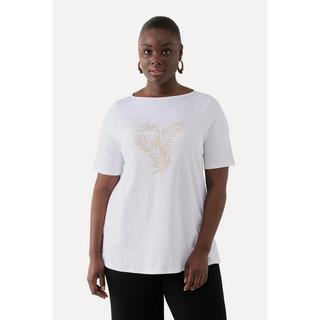 Ulla Popken  T-shirt en coton Pima. Encolure bateau et manches 3/4. Motif fougère 