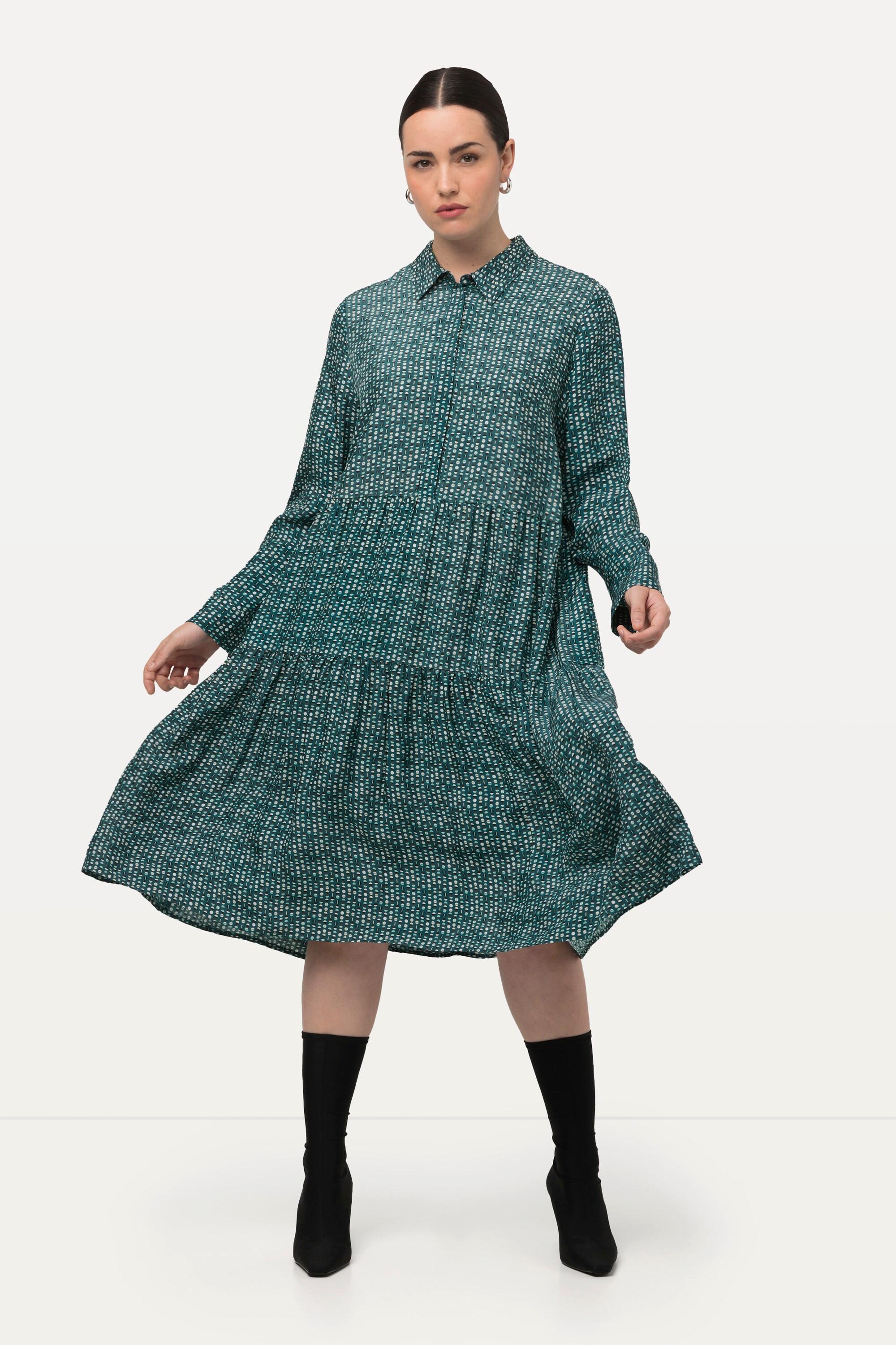 Ulla Popken Abito Chemisier Maxi Orlo Volant Collo Camicia Maniche Lunghe  