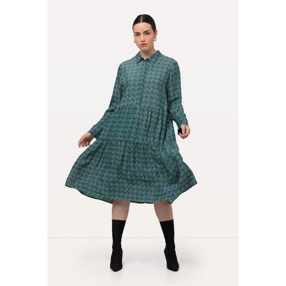 Ulla Popken Abito Chemisier Maxi Orlo Volant Collo Camicia Maniche Lunghe  