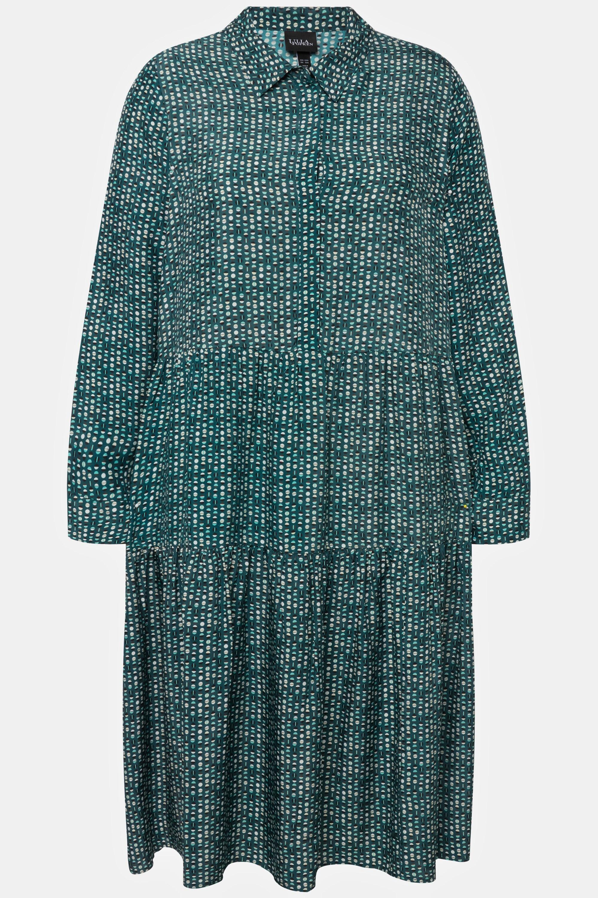 Ulla Popken Abito Chemisier Maxi Orlo Volant Collo Camicia Maniche Lunghe  