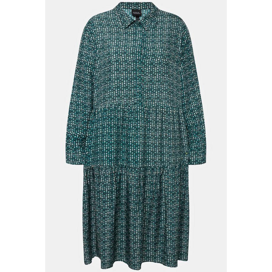 Ulla Popken Abito Chemisier Maxi Orlo Volant Collo Camicia Maniche Lunghe  