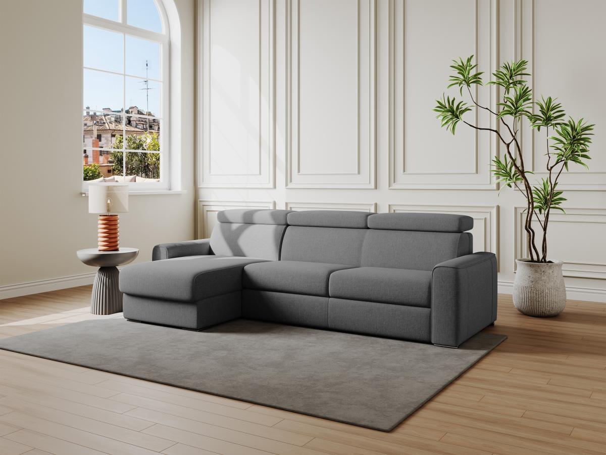 Vente-unique Canapé d'angle réversible convertible express en tissu gris - Couchage à lattes larges 140 cm - Matelas 18 cm - VIZIR  